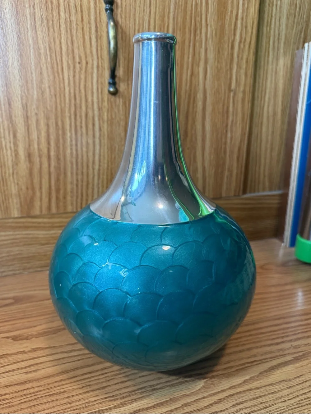 Pier 1 One Imports Textured Teal Enamel Aluminum MCM Style Vase Teal Decorative
